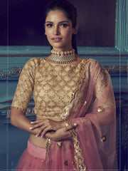 Pink Beige Sequins Net Wedding Wear Lehenga Choli With Dupatta