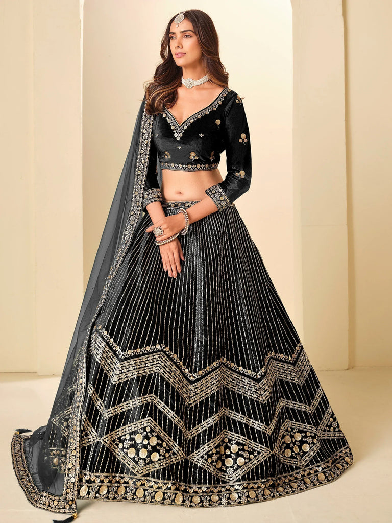 Glowing Black Sequins Velvet Evening Wear Lehenga Choli With Dupatta