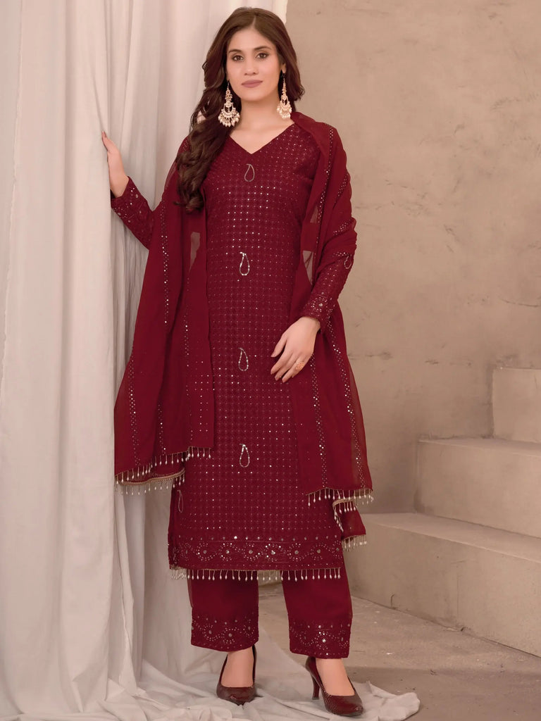 Wonderful Maroon Thread Work Georgette Festive Wear Pant Suit