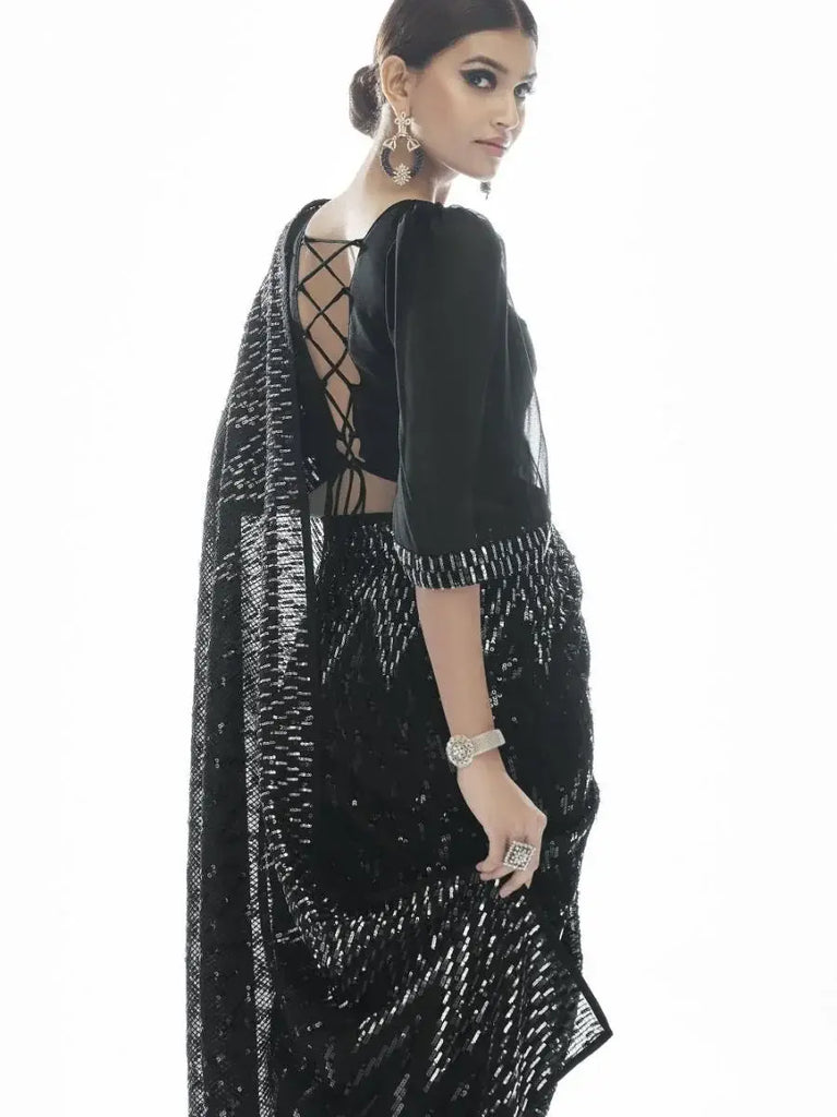 Gorgeous Black Sequins Embroidered Party Wear Georgette Saree