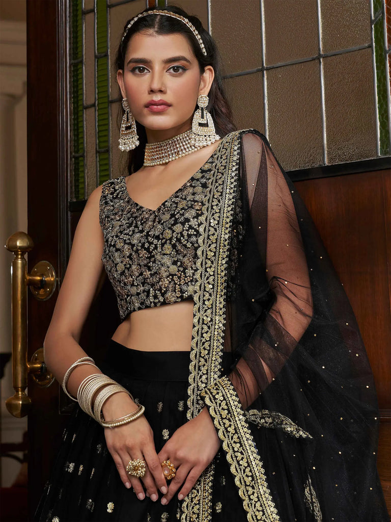 Dazzling Black Sequence Embroidered Net Lehenga Choli
