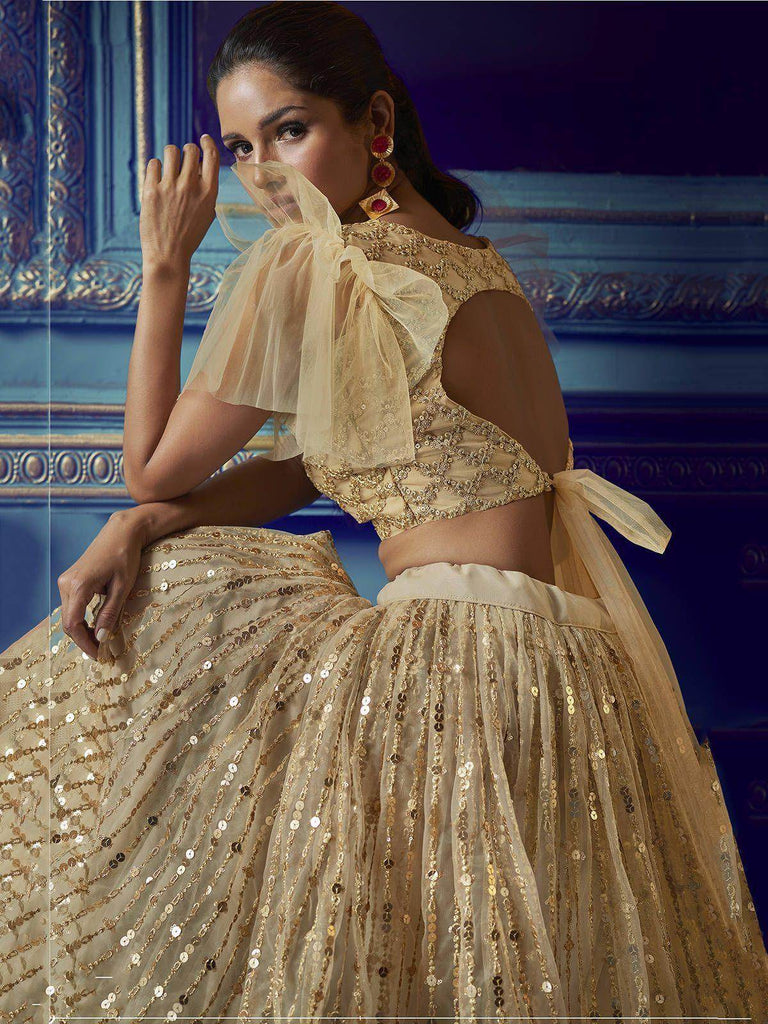 Golden Sequins Soft Net Party Wear Lehenga Choli With Dupatta