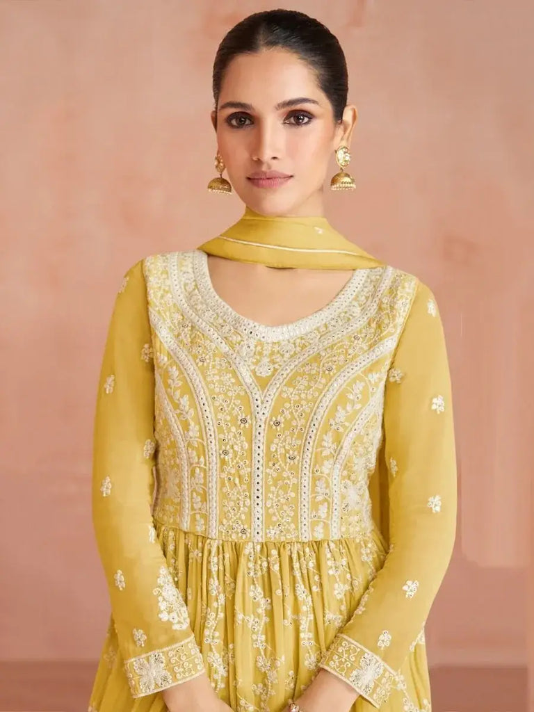 Incredible Yellow Sequins Embroidered Georgette Palazzo Suit