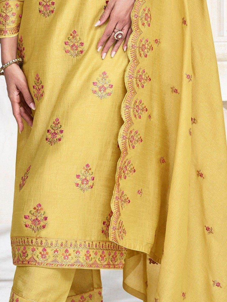 Glamorous Yellow Embroidered Silk Festival Wear Pant Suit With Dupatta