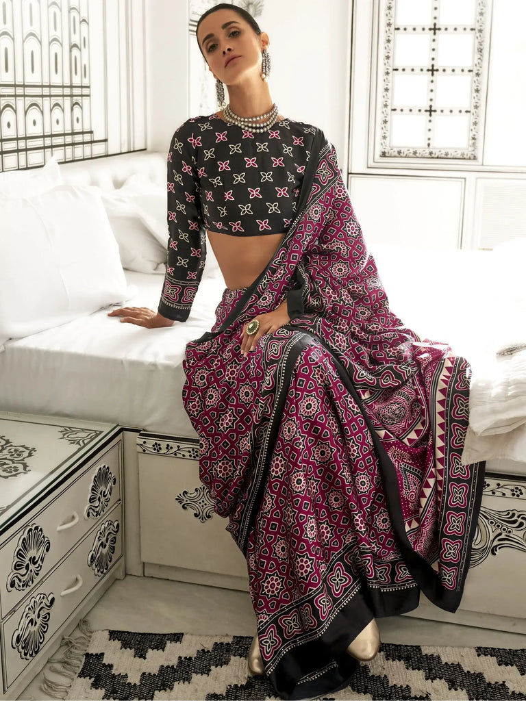 Attractive Maroon Printed Satin Traditional Wear Saree With Blouse