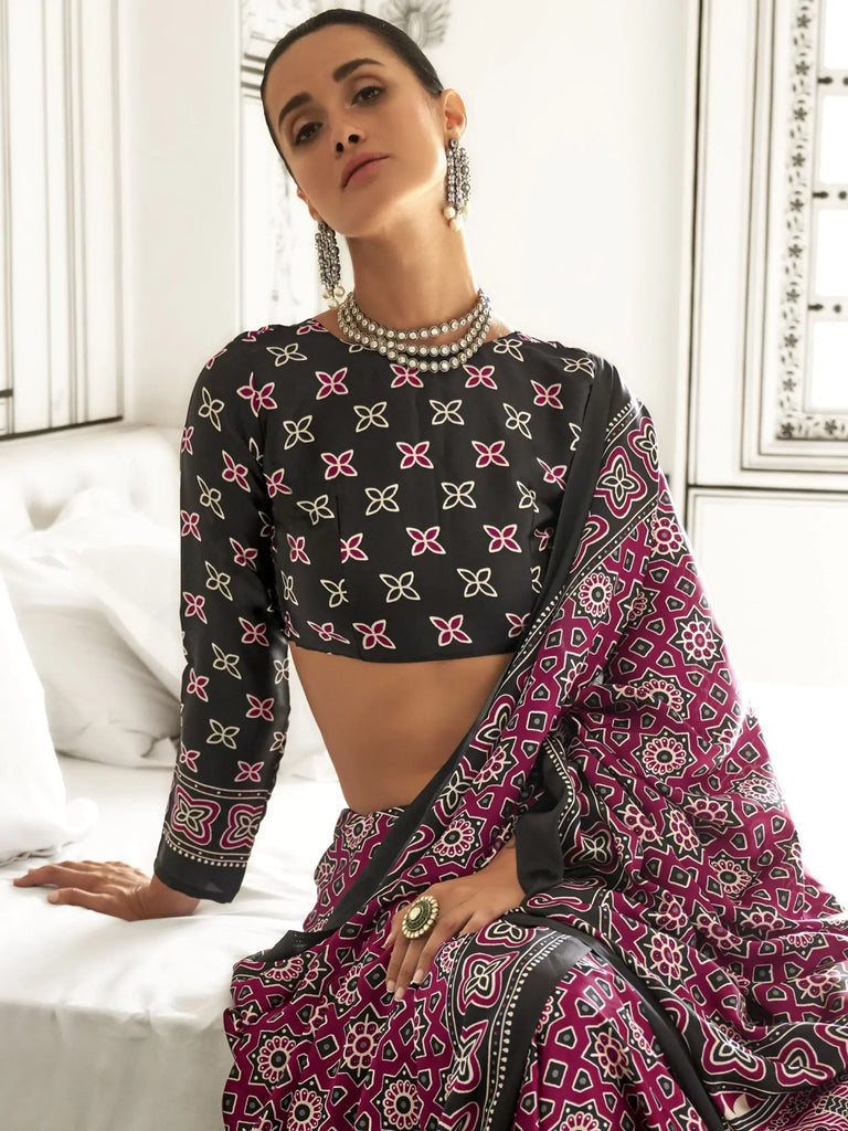 Attractive Maroon Printed Satin Traditional Wear Saree With Blouse
