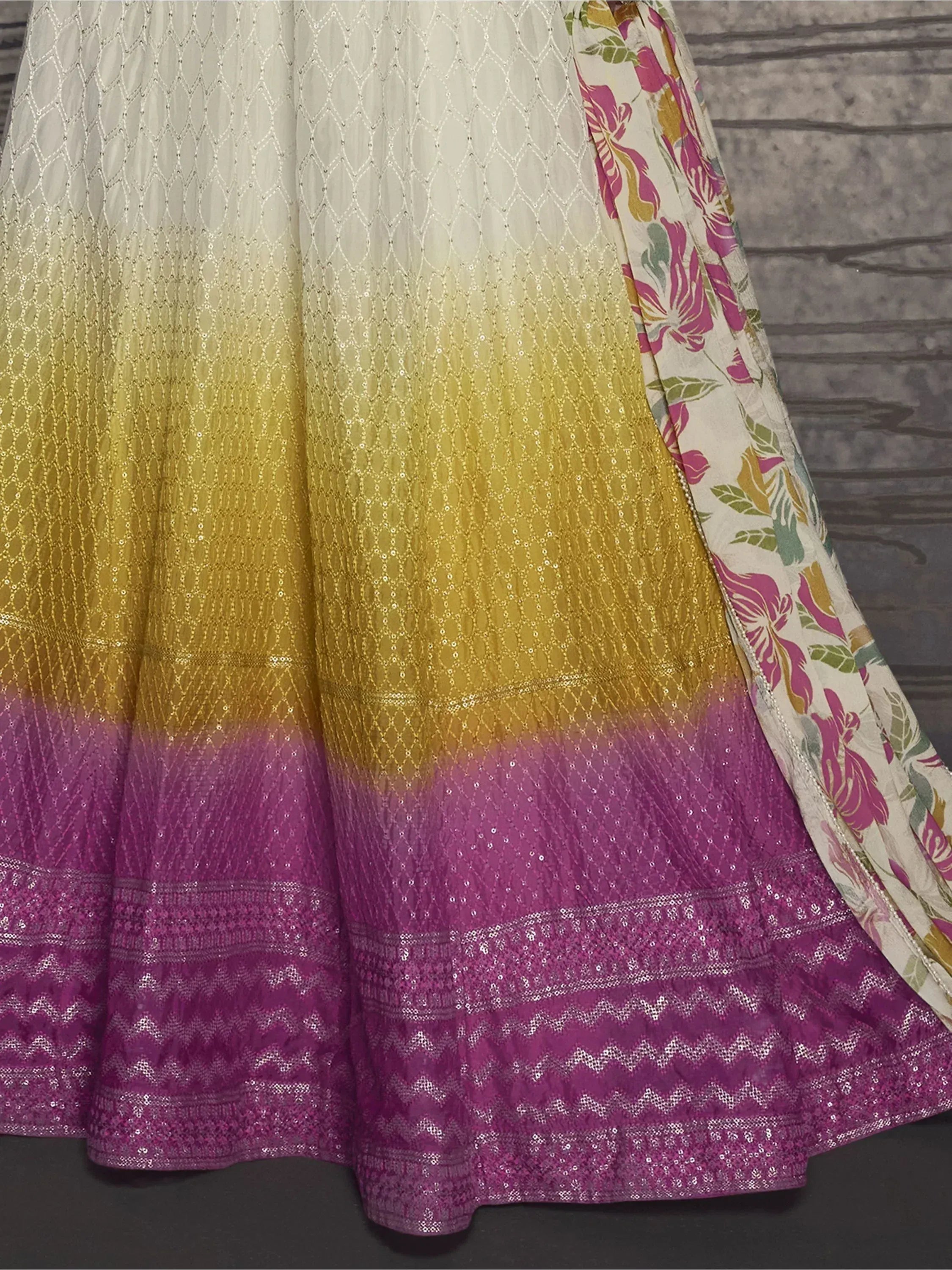 Ombre lehenga with sequin diamond pattern, floral dupatta, Indian ethnic wear
