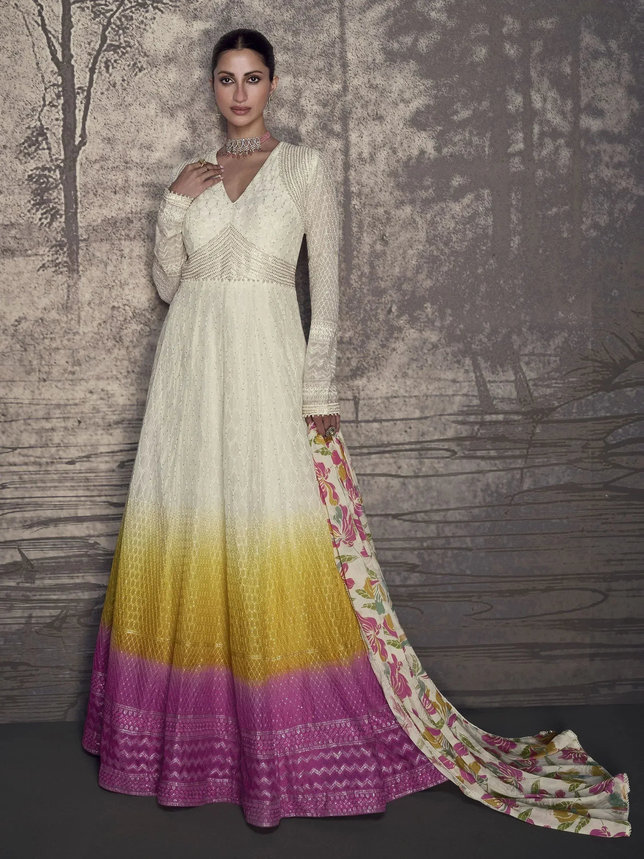Elegant cream to purple ombre anarkali with floral dupatta, perfect for Indian ethnic occasions