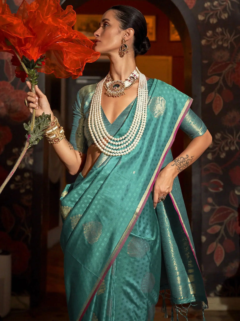 Beautiful Teal Green Handwoven Silk Event Wear Saree With Blouse