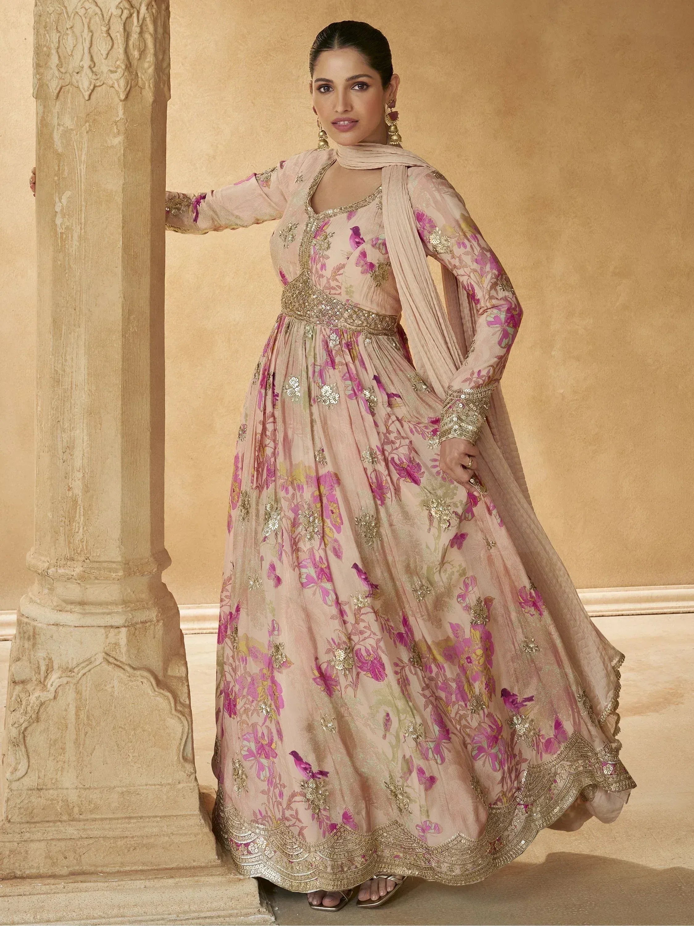 Elegant floral print anarkali suit with gold embroidery, perfect for Indian ethnic wear occasions.