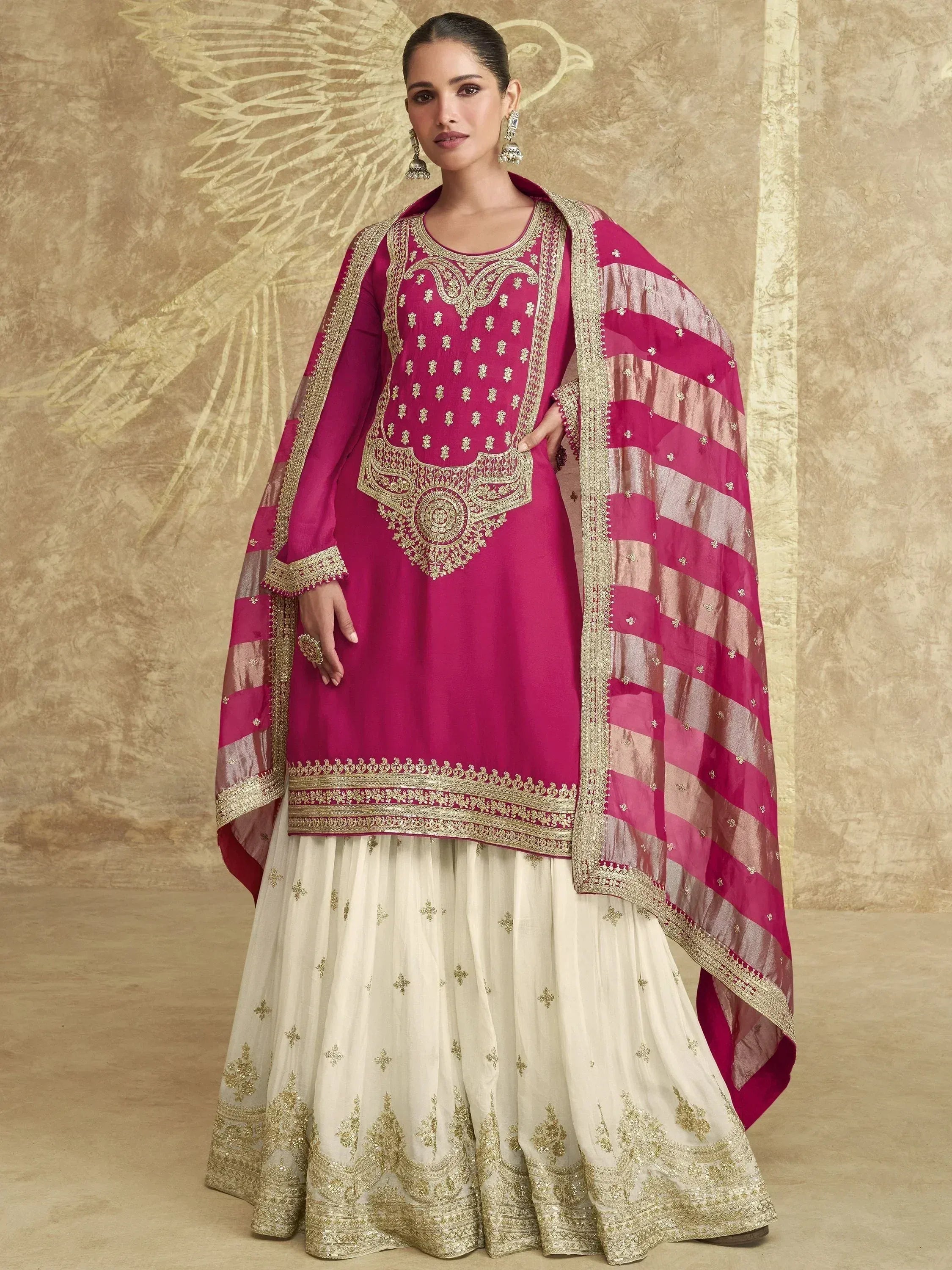 Pink and cream embroidered salwar kameez with gold detailing and striped dupatta, Indian ethnic wear