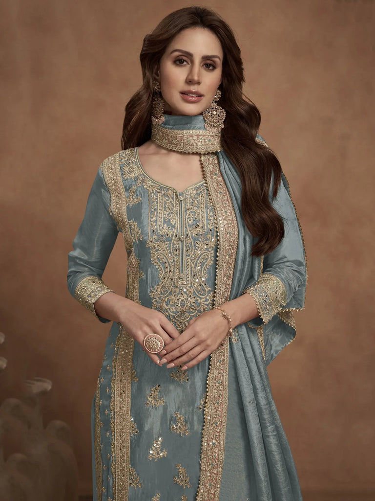Glamorous Powder Blue Embroidered Silk Function Wear Palazzo Suit