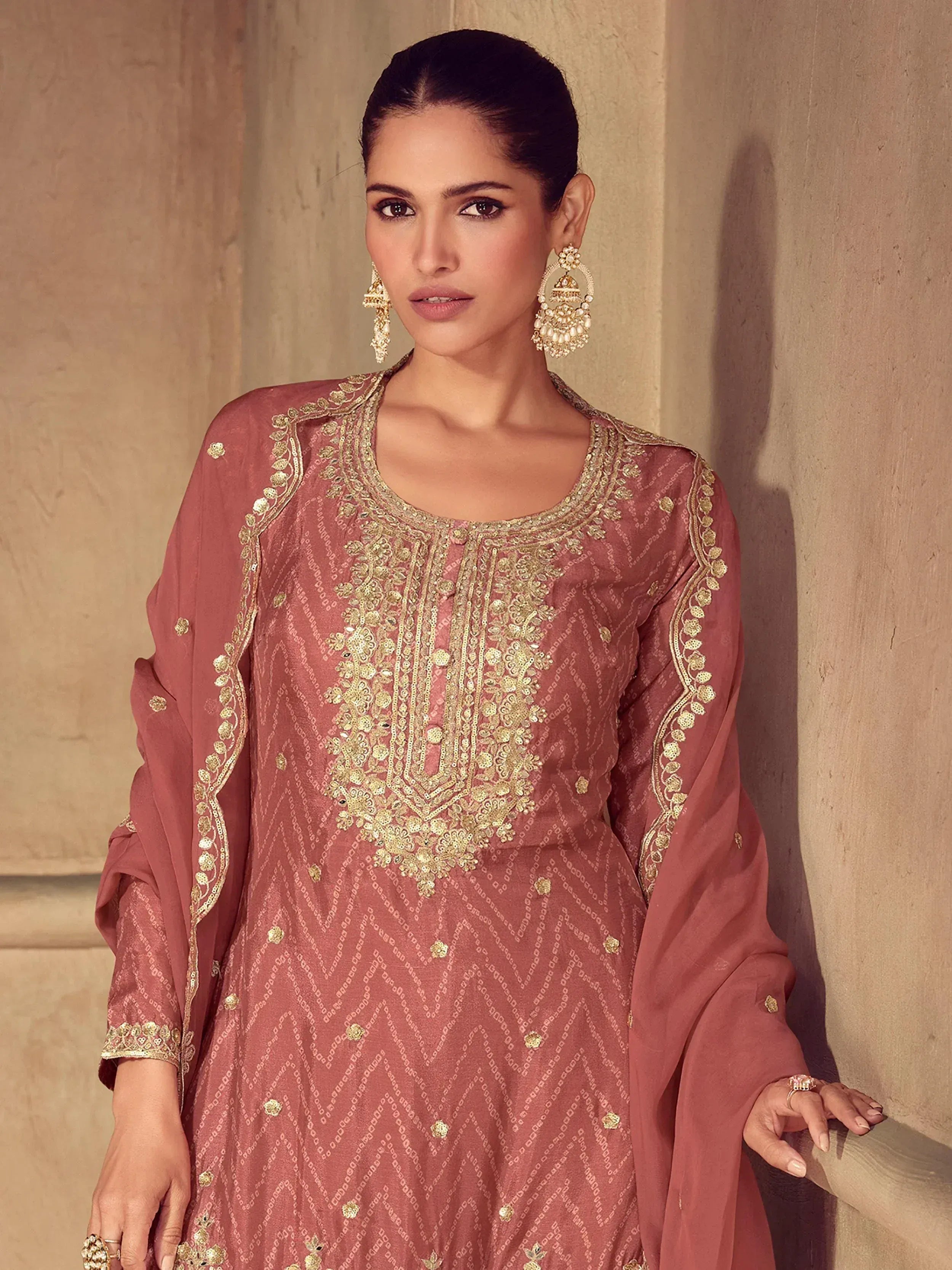 Dusty rose Indian ethnic kurta with gold embroidery, perfect for festive occasions and weddings.