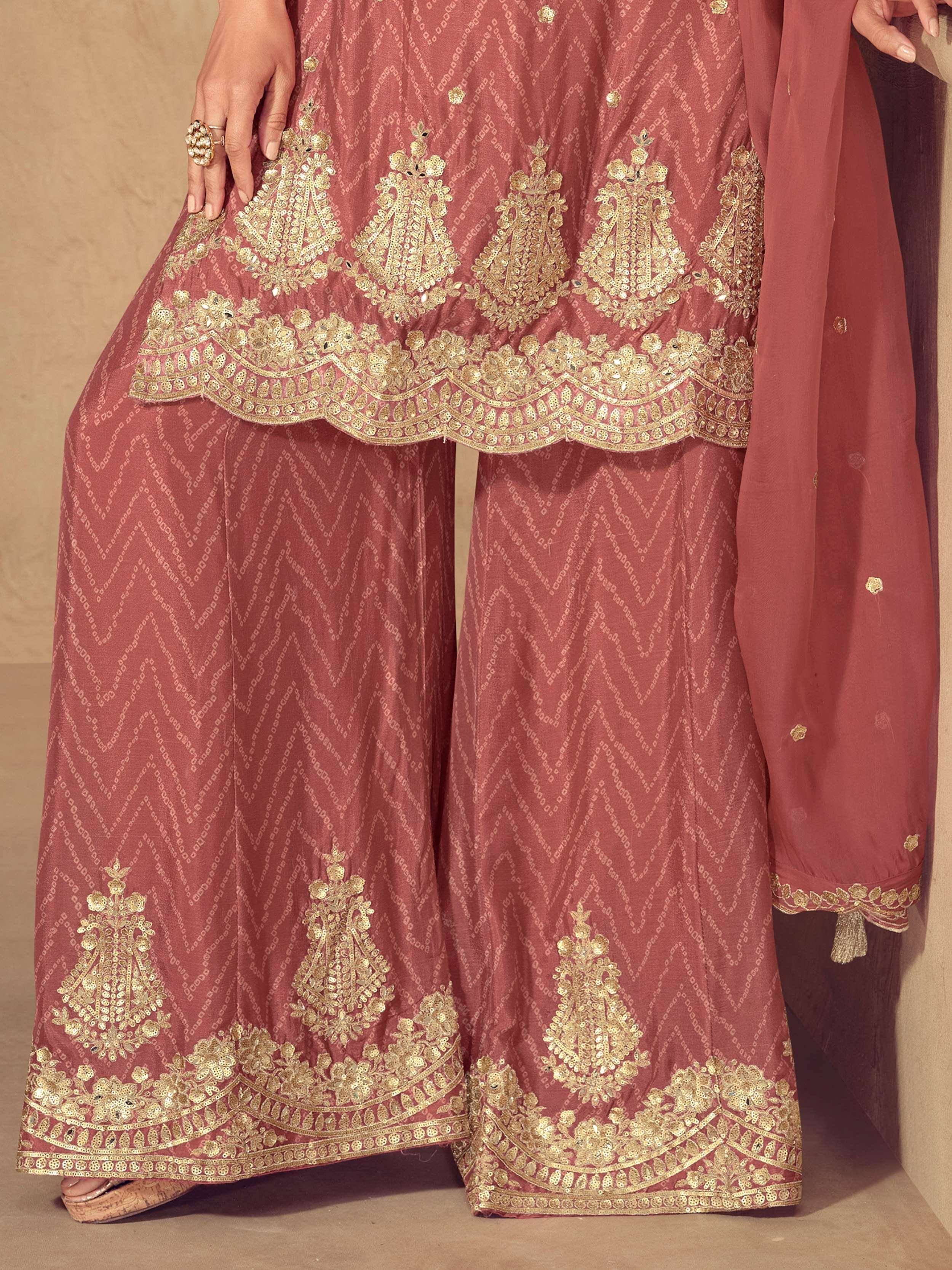Dusty rose Indian ethnic wear with gold embroidery, designer salwar kameez, festive attire