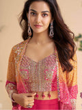 Beautiful Pink Georgette Beads Work Crop Top Palazzo With Koti