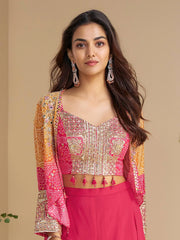 Beautiful Pink Georgette Beads Work Crop Top Palazzo With Koti