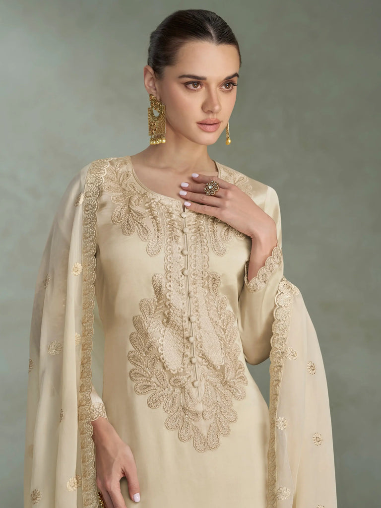 Captivating Beige Embroidered Chinon Festive Wear Salwar Kameez
