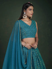 Stunning Teal Blue Sequins Embroidery Georgette Lehenga Choli