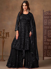 Enchanting Black Embroidered Net Festival Wear Sharara Suit