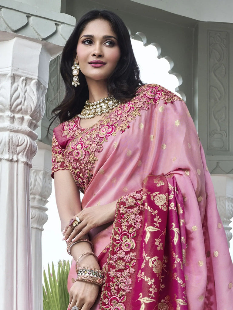 Flamboyant Pink Thread Embroidery Organza Silk Wedding Wear Saree