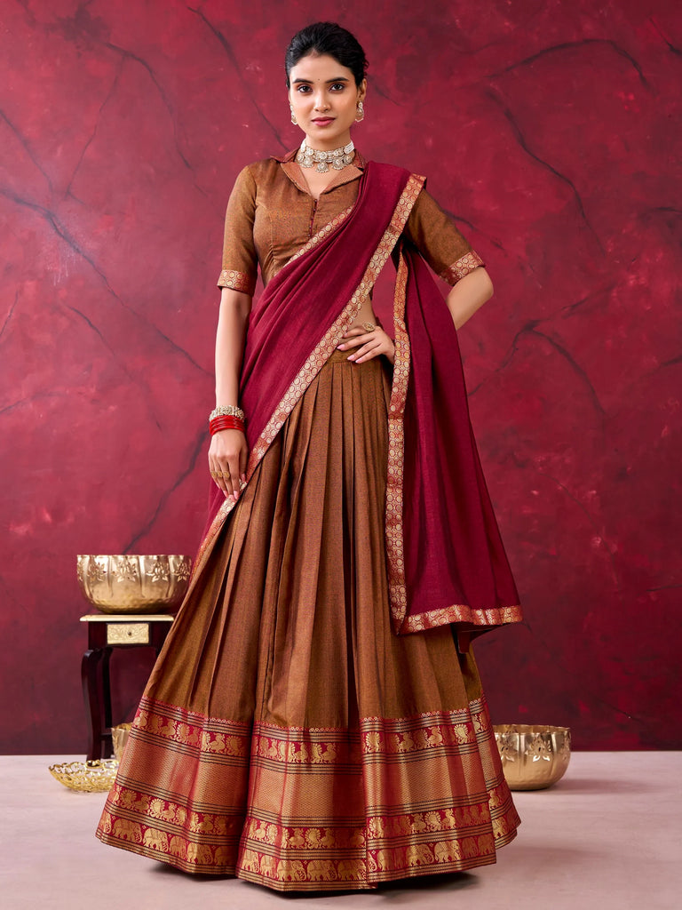 Delightful Brown Zari Weaving Cotton Marriage Wear Half Saree Lehenga