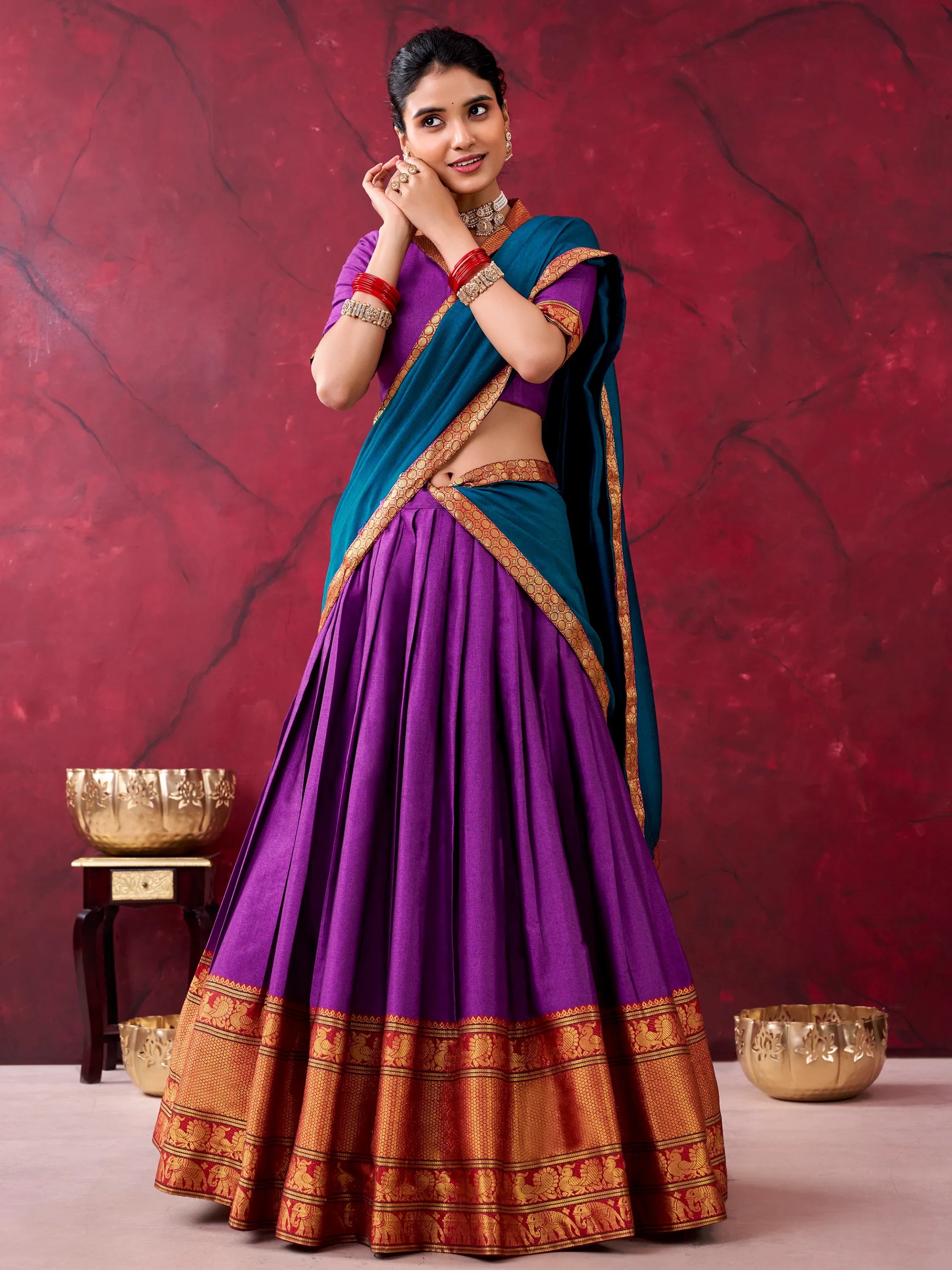 Great Purple Zari Weaving Cotton Festive Wear Half Saree Lehenga
