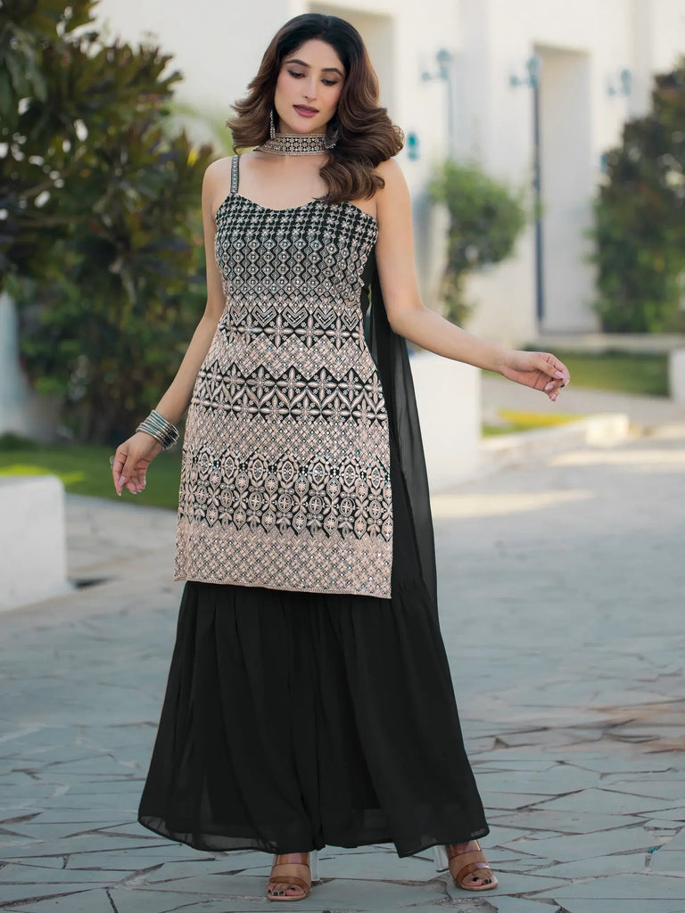 Marvelous Black Thread Embroidered Georgette Event Wear Sharara Suit