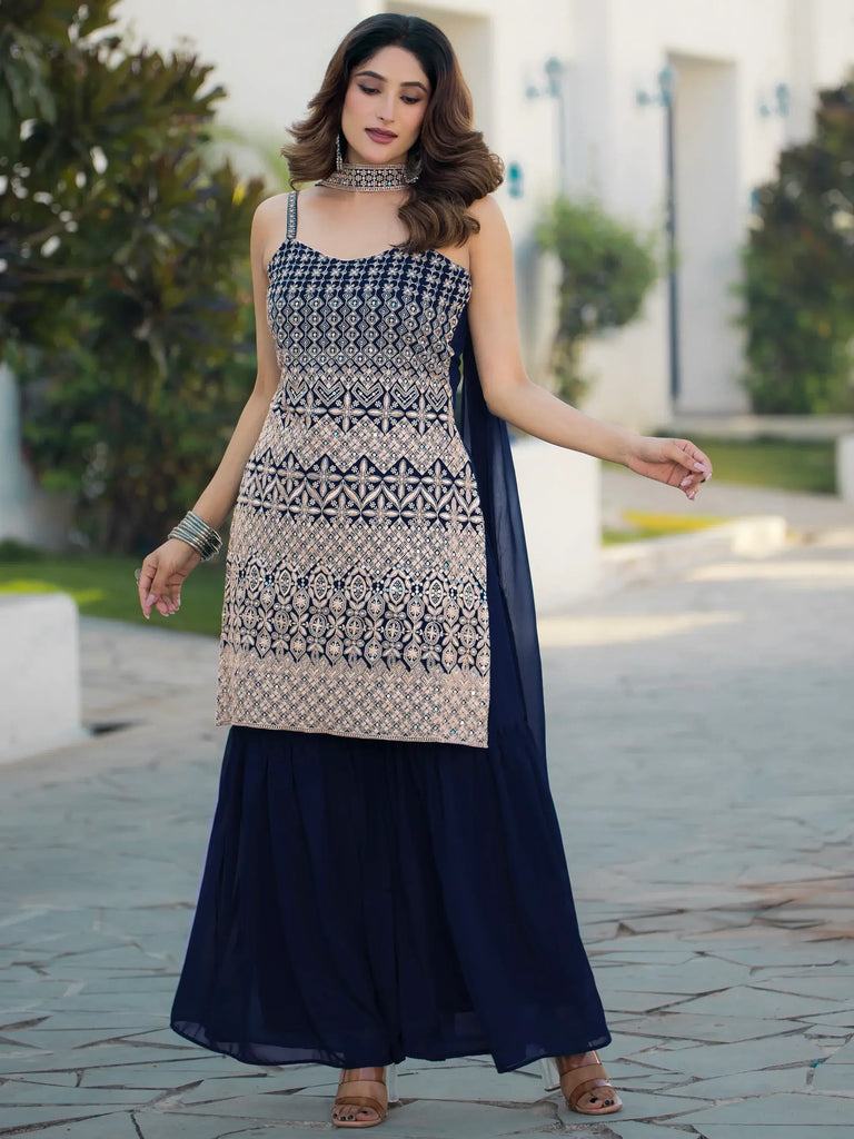Beautiful Navy Blue Georgette Festival Wear Sharara Suit With Dupatta