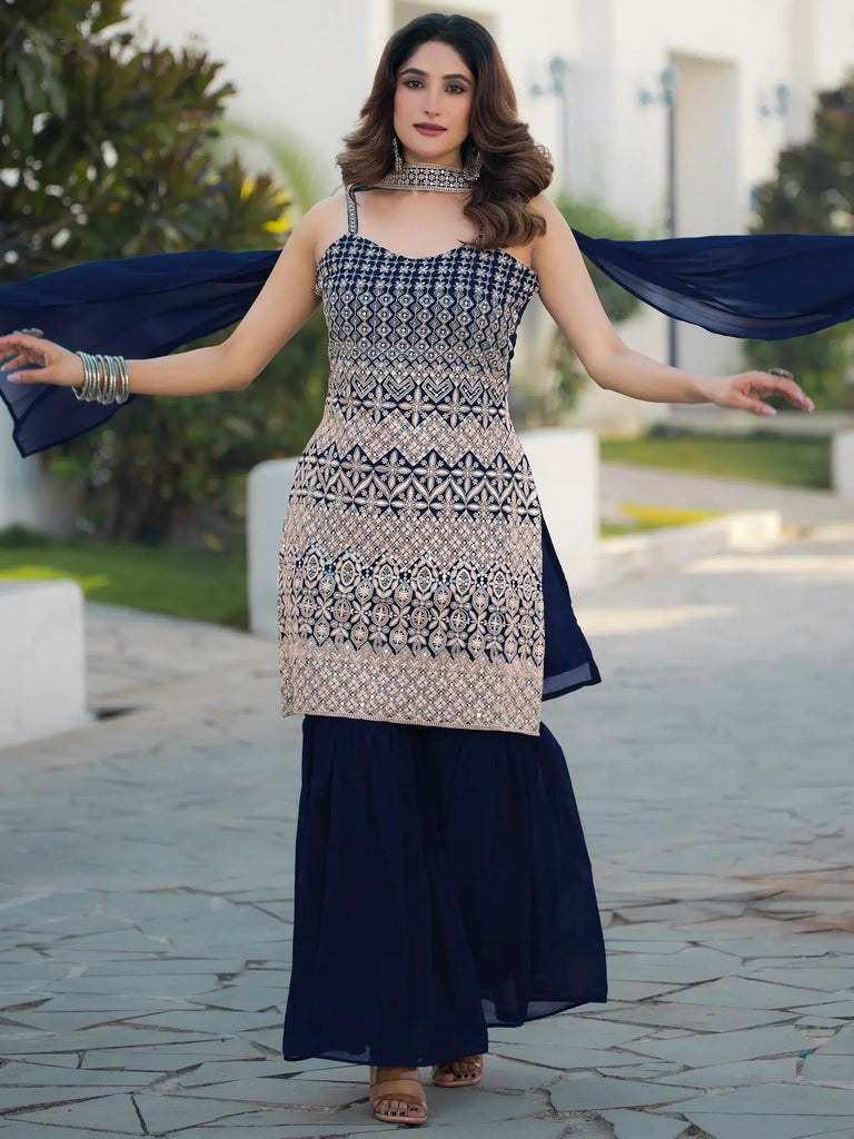 Beautiful Navy Blue Georgette Festival Wear Sharara Suit With Dupatta