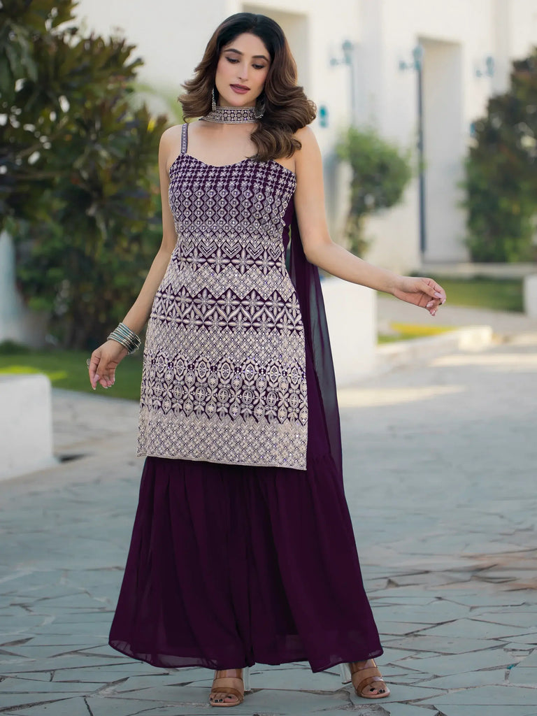 Stunning Purple Embroidered Georgette Sharara Suit With Dupatta