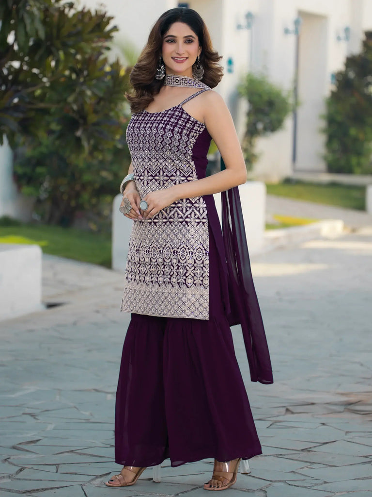 Stunning Purple Embroidered Georgette Sharara Suit With Dupatta
