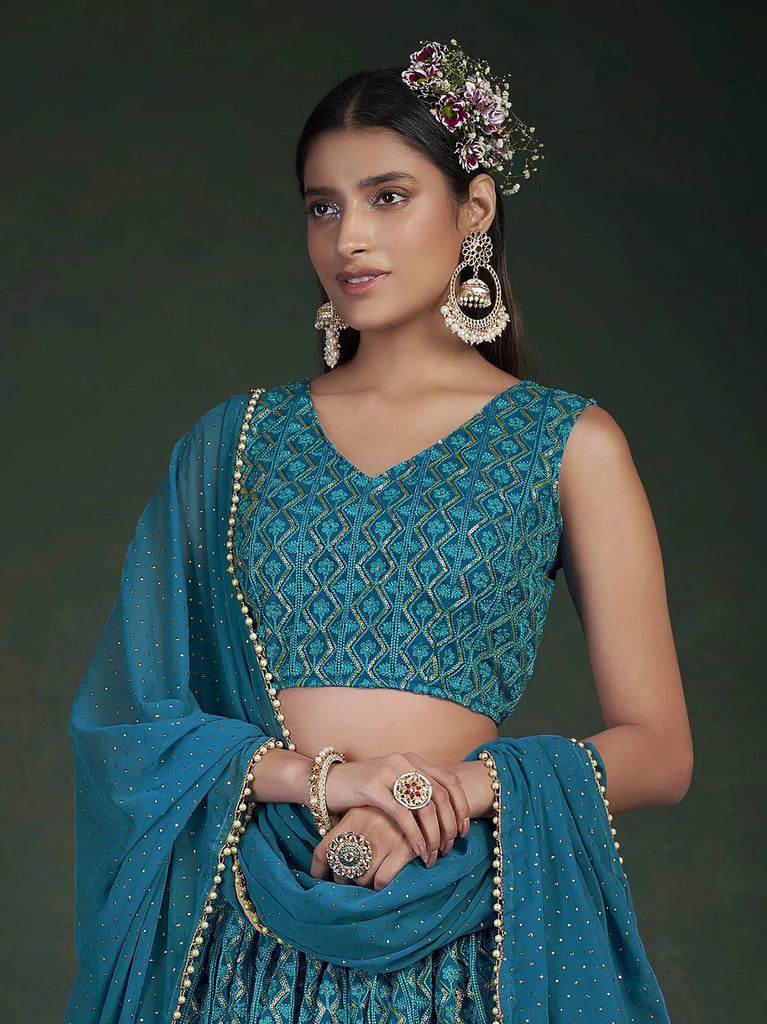 Stunning Teal Blue Sequins Embroidery Georgette Lehenga Choli