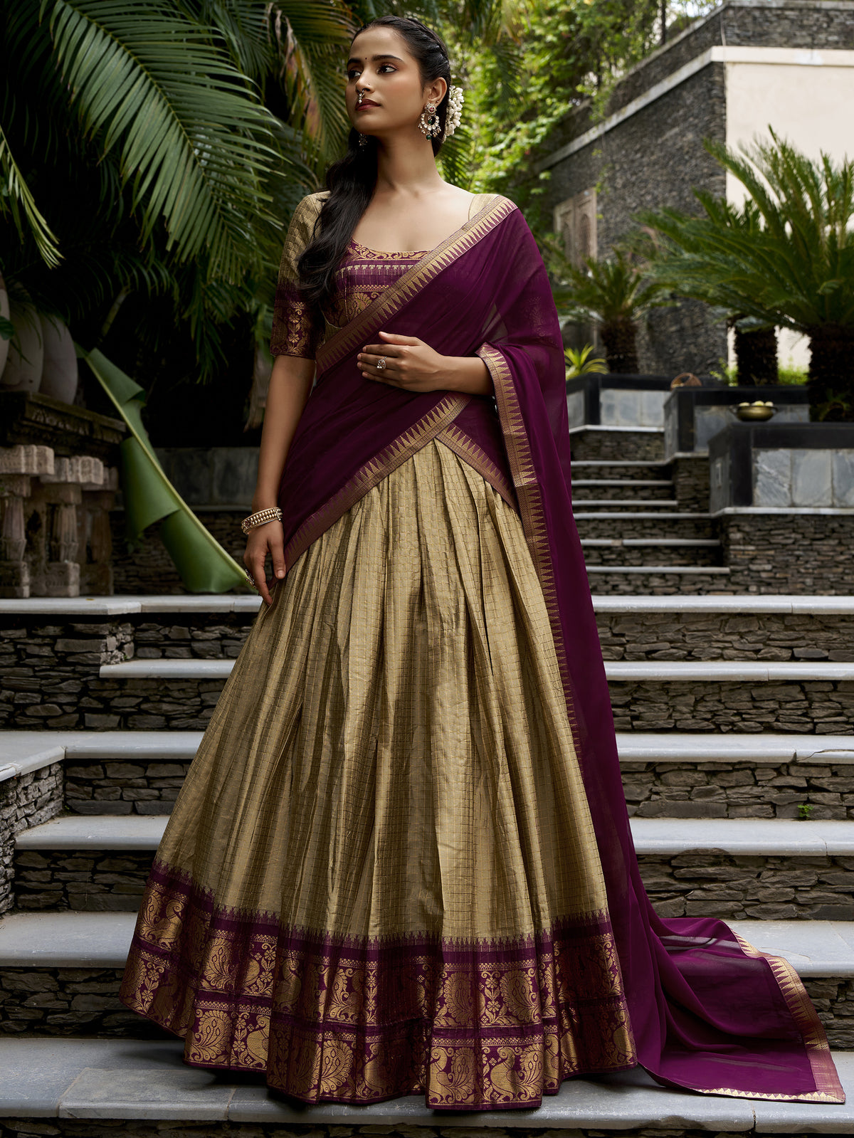 Stunning Cream Zari Weaving Cotton Traditional Half Saree Lehenga