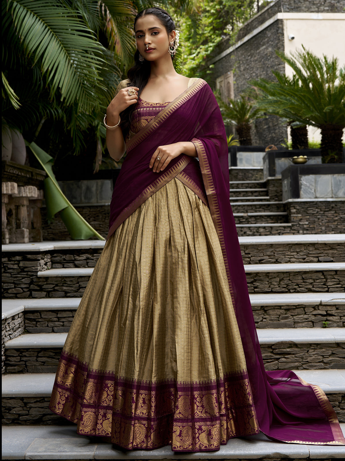 Stunning Cream Zari Weaving Cotton Traditional Half Saree Lehenga