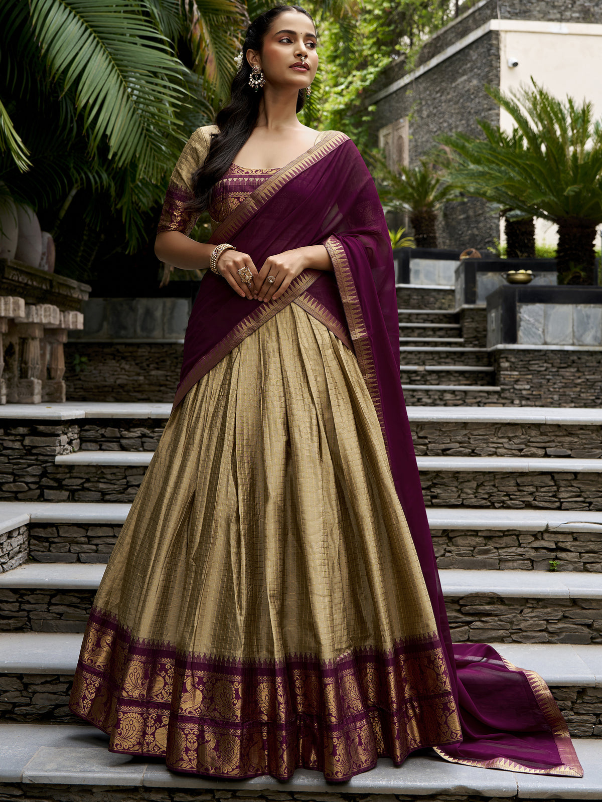 Stunning Cream Zari Weaving Cotton Traditional Half Saree Lehenga
