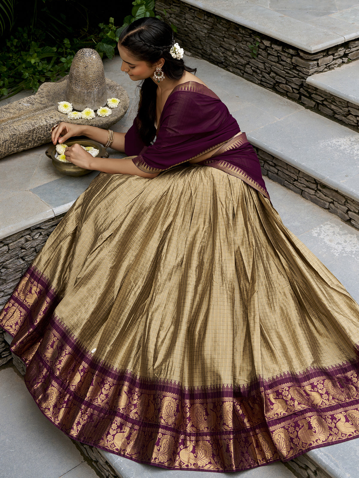 Stunning Cream Zari Weaving Cotton Traditional Half Saree Lehenga