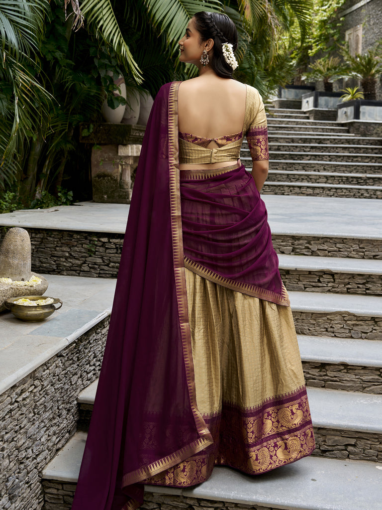 Stunning Cream Zari Weaving Cotton Traditional Half Saree Lehenga