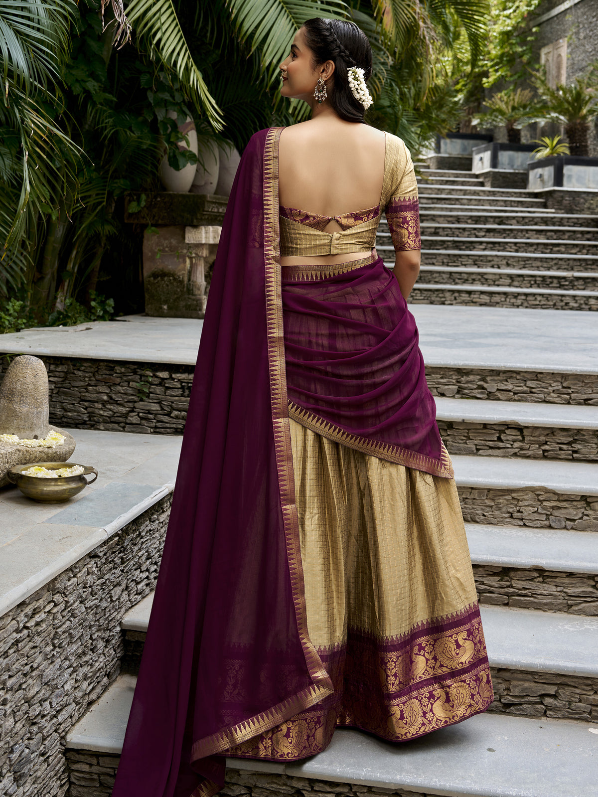 Stunning Cream Zari Weaving Cotton Traditional Half Saree Lehenga