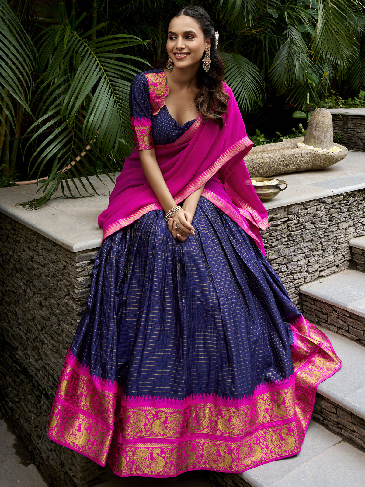 Great Navy Blue Zari Weaving Cotton Wedding Wear Half Saree Lehenga