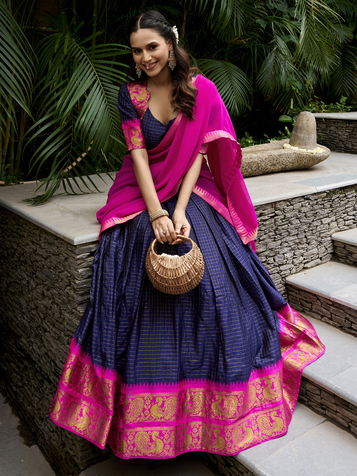 Great Navy Blue Zari Weaving Cotton Wedding Wear Half Saree Lehenga