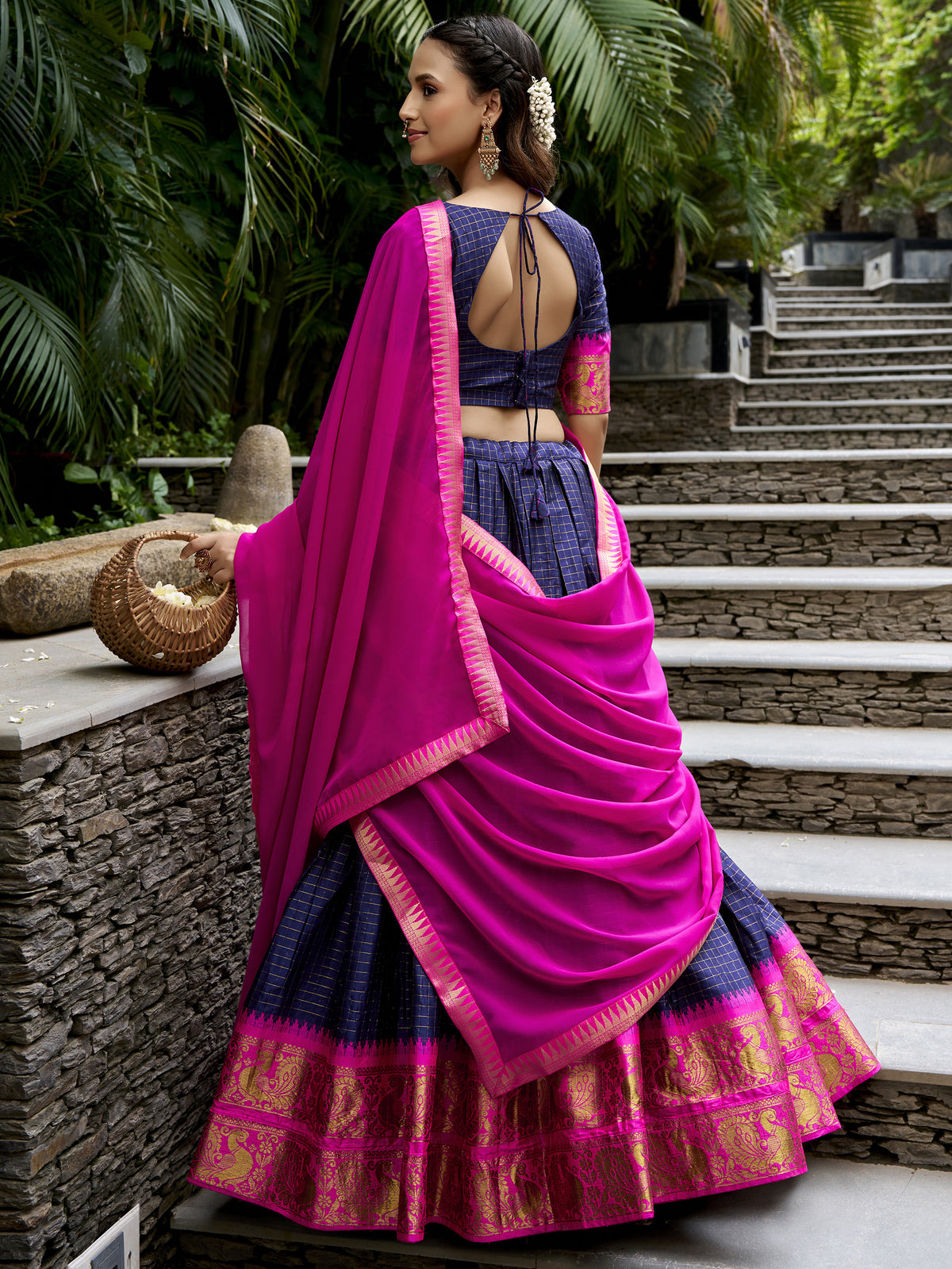 Great Navy Blue Zari Weaving Cotton Wedding Wear Half Saree Lehenga