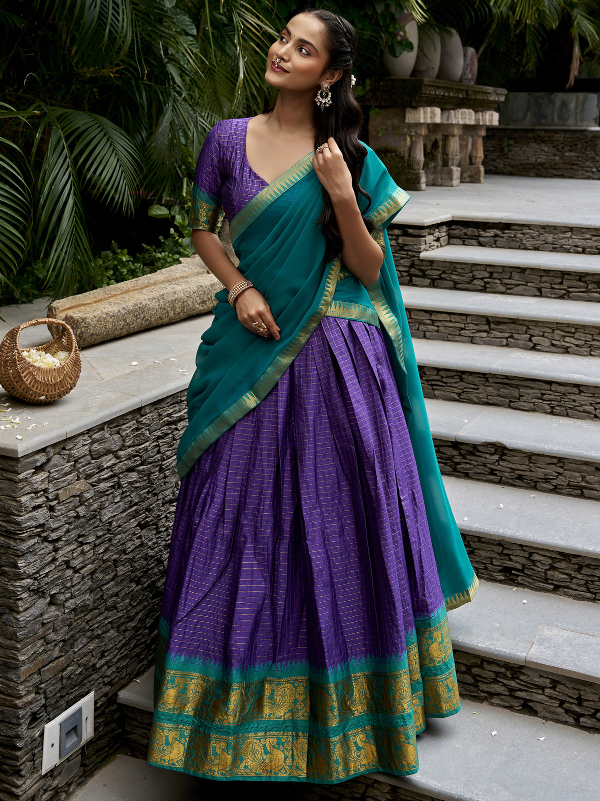 Great Navy Blue Zari Weaving Cotton Wedding Wear Half Saree Lehenga