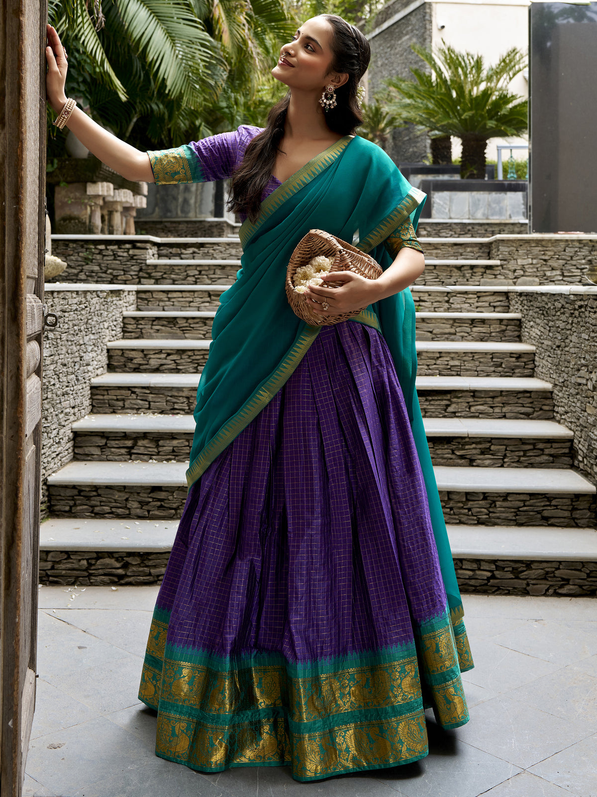Great Navy Blue Zari Weaving Cotton Wedding Wear Half Saree Lehenga