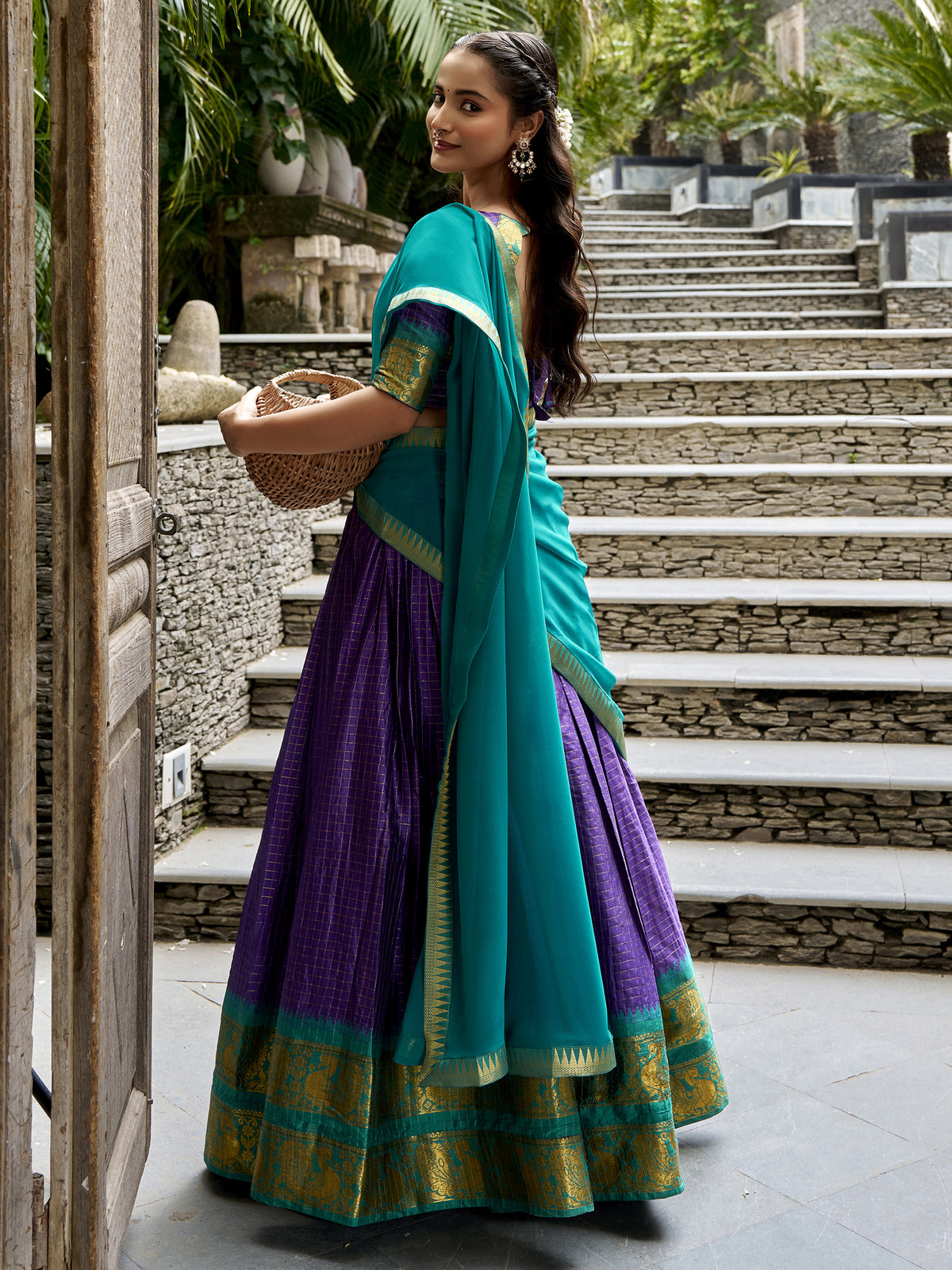 Great Navy Blue Zari Weaving Cotton Wedding Wear Half Saree Lehenga