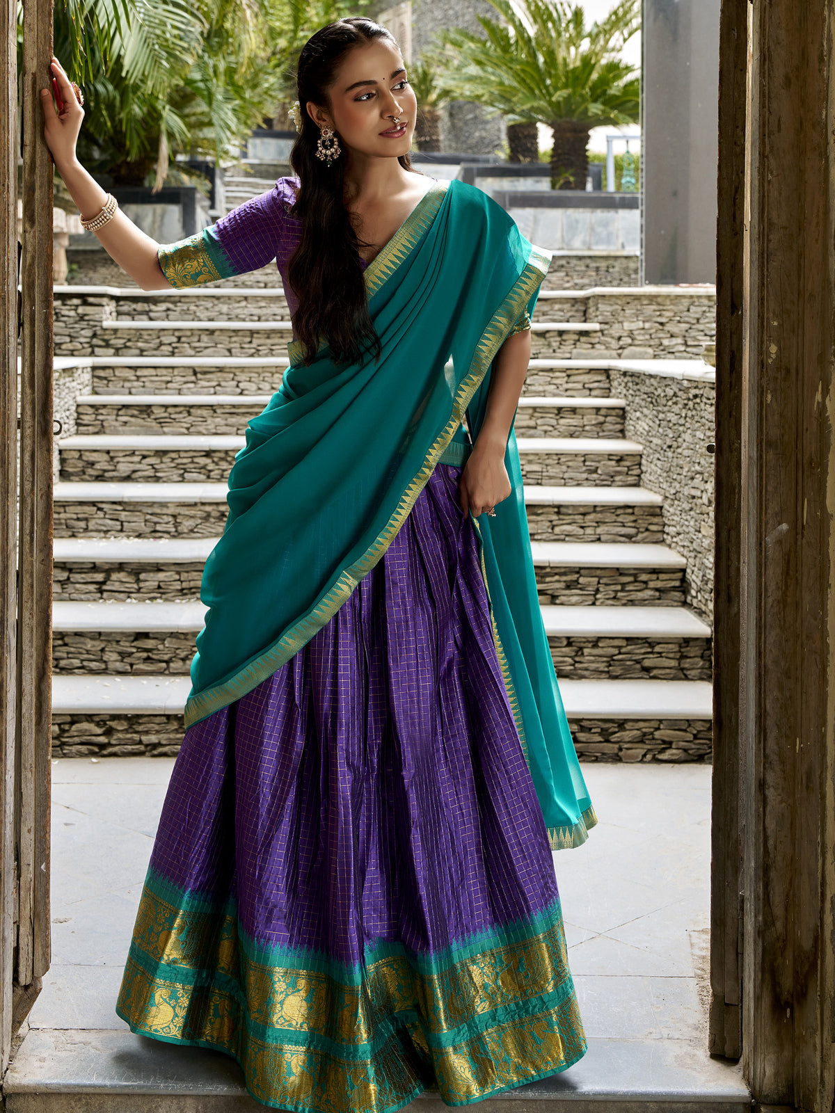 Great Navy Blue Zari Weaving Cotton Wedding Wear Half Saree Lehenga