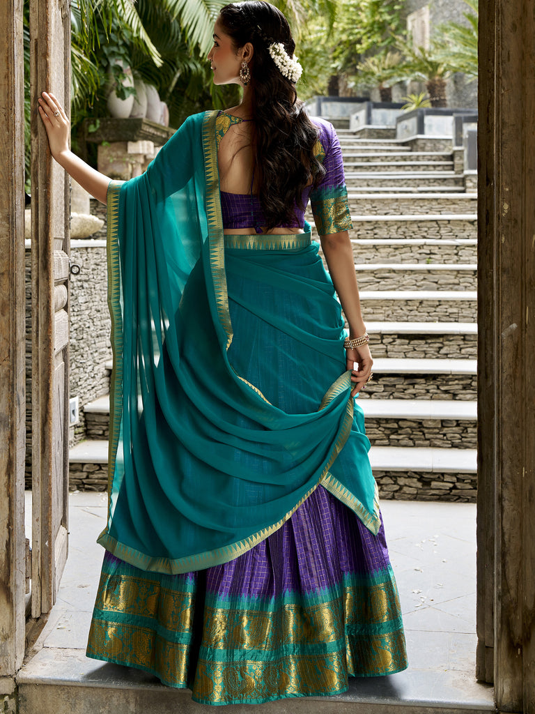Great Navy Blue Zari Weaving Cotton Wedding Wear Half Saree Lehenga