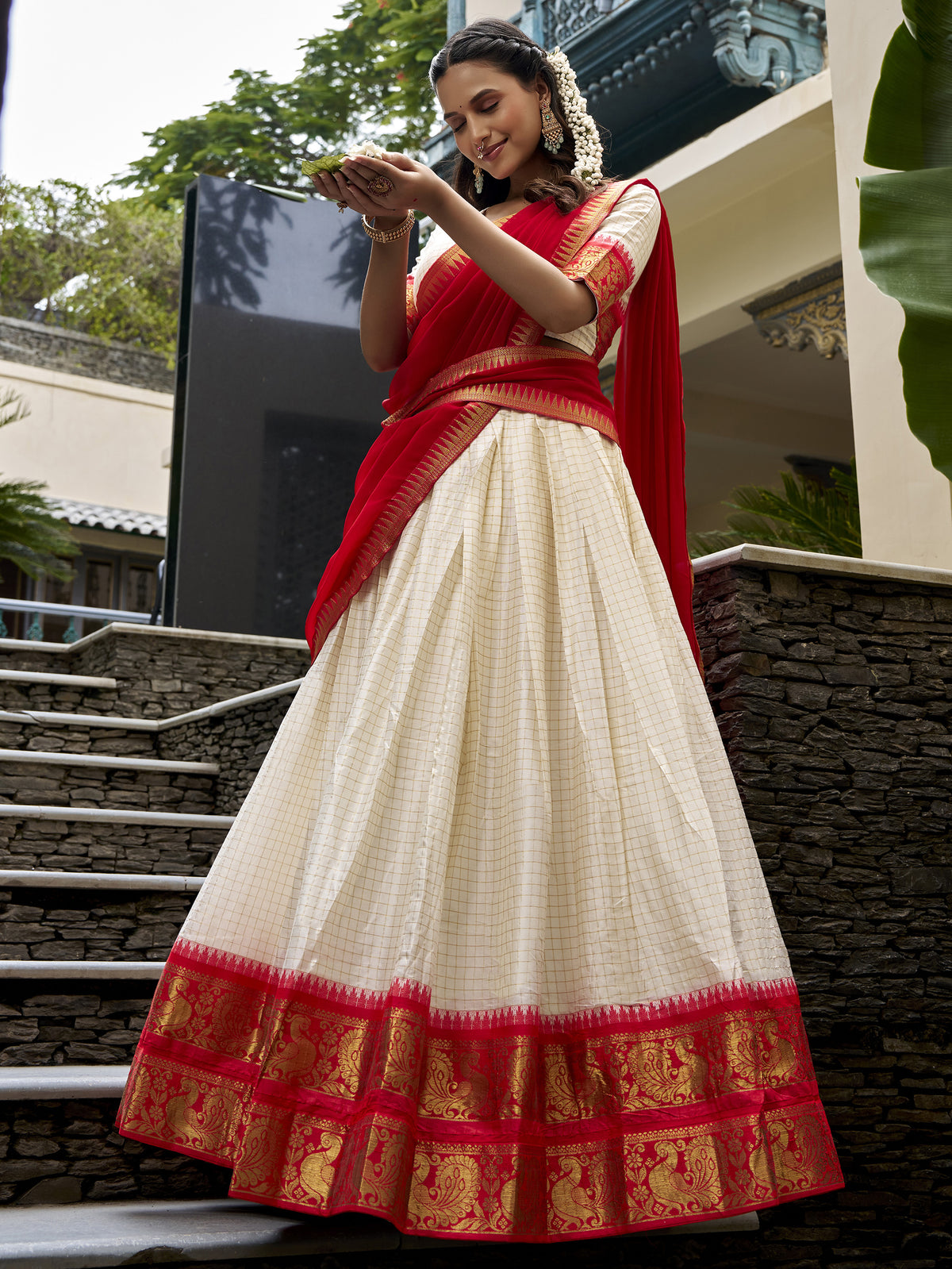 Charming White Zari Weaving Cotton Festive Wear Half Saree Lehenga