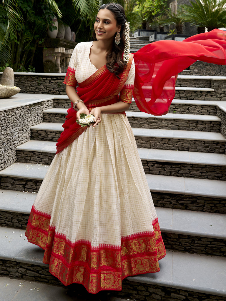 Charming White Zari Weaving Cotton Festive Wear Half Saree Lehenga