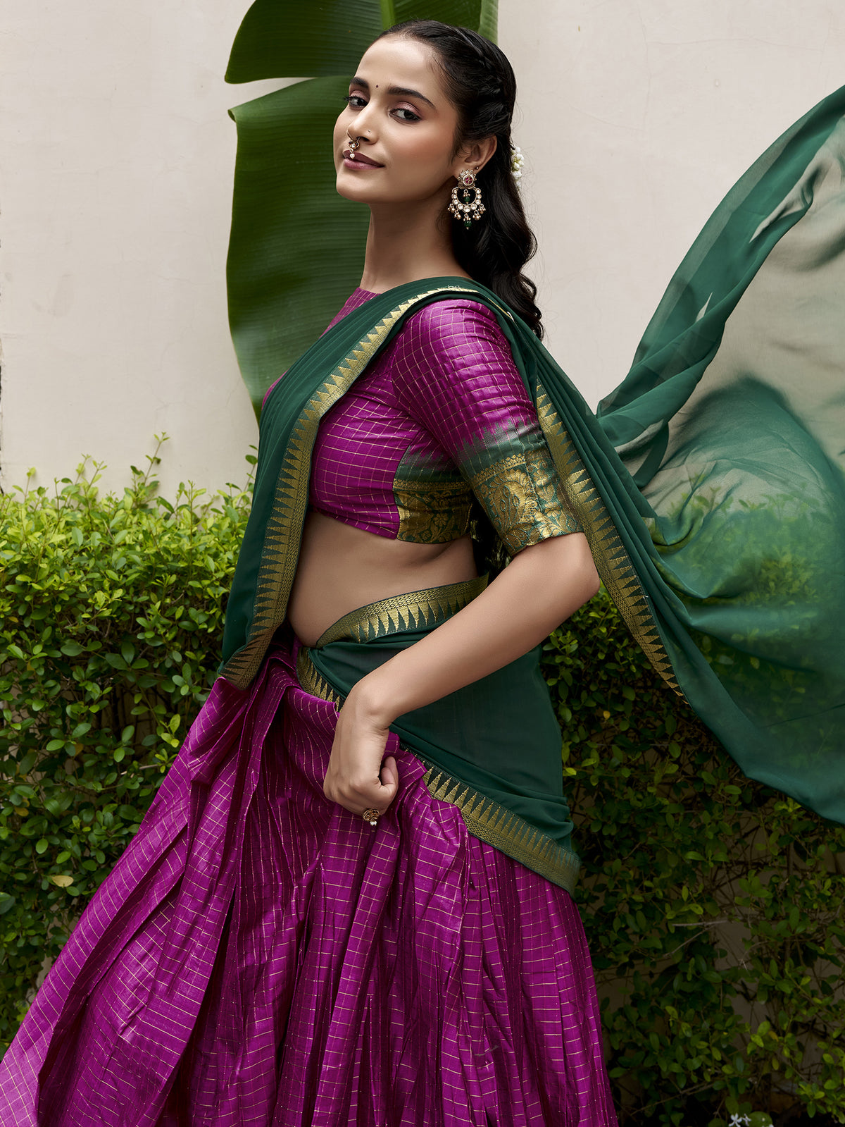 Rich Rani Pink Zari Weaving Cotton Engagement Wear Half Saree Lehenga