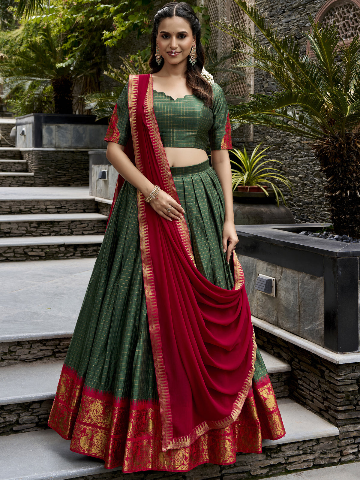 Alluring Bottle Green Zari Weaving Cotton Mehendi Wear Half Saree Lehenga